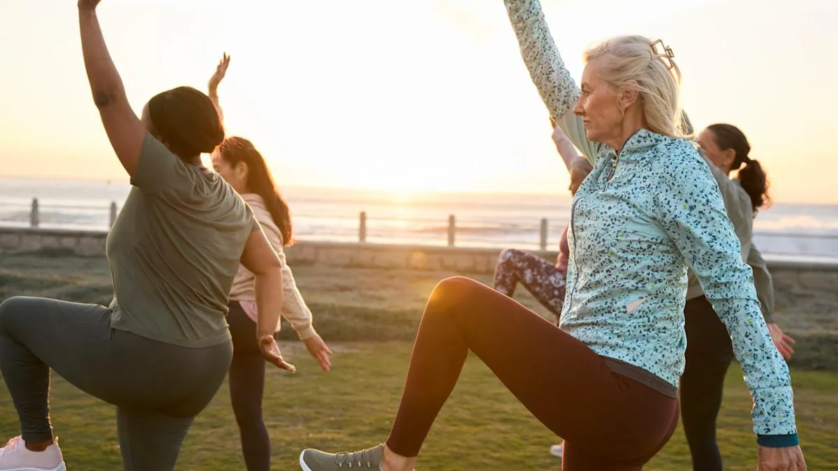 Cool-down posture near studio windows at dusk